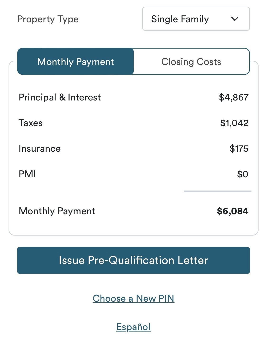 Close-up of the monthly payment breakdown in the Transparent Mortgage web app